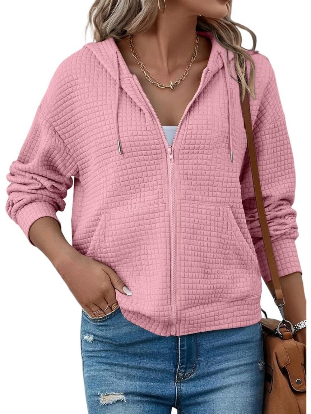 Women's Pink Oversized Sweatshirt V-Neck kangaroo pockets Waffle Hooded Jacket